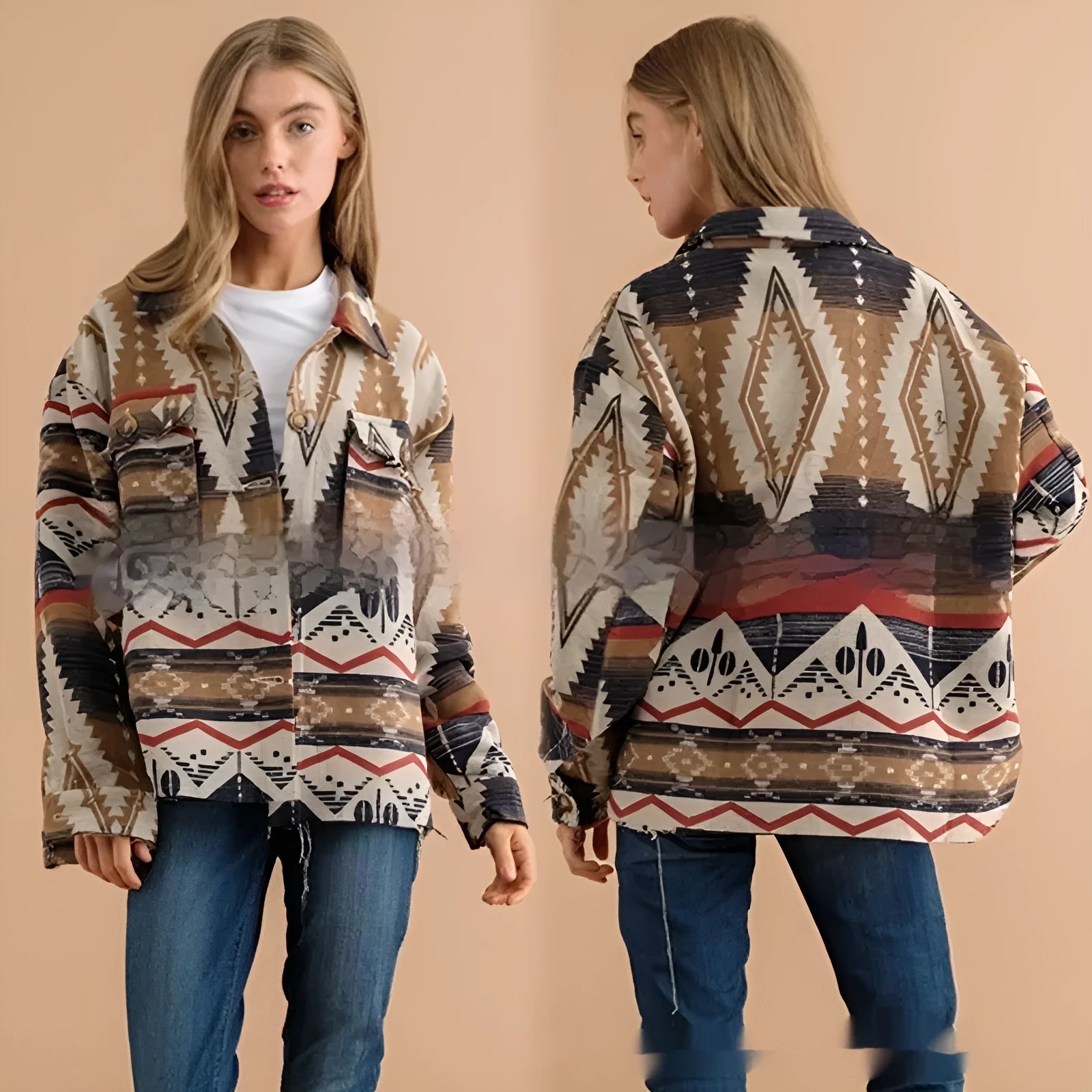Women's retro style Aztec print woolen coat in army green, shown in a loose fit with long sleeves.