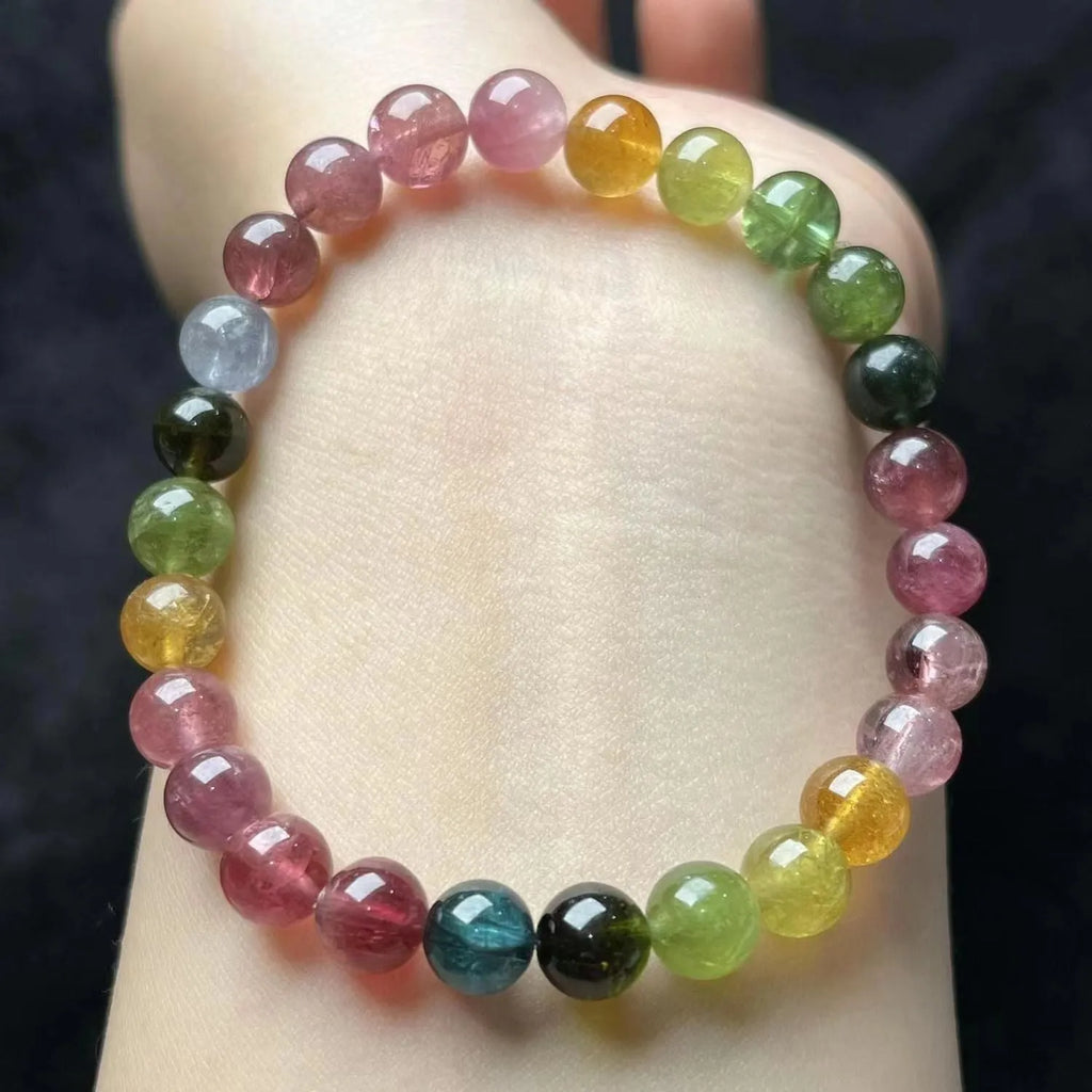 Women's colourful tourmaline bracelet with four-leaf clover charm and pearl pendant geometric design