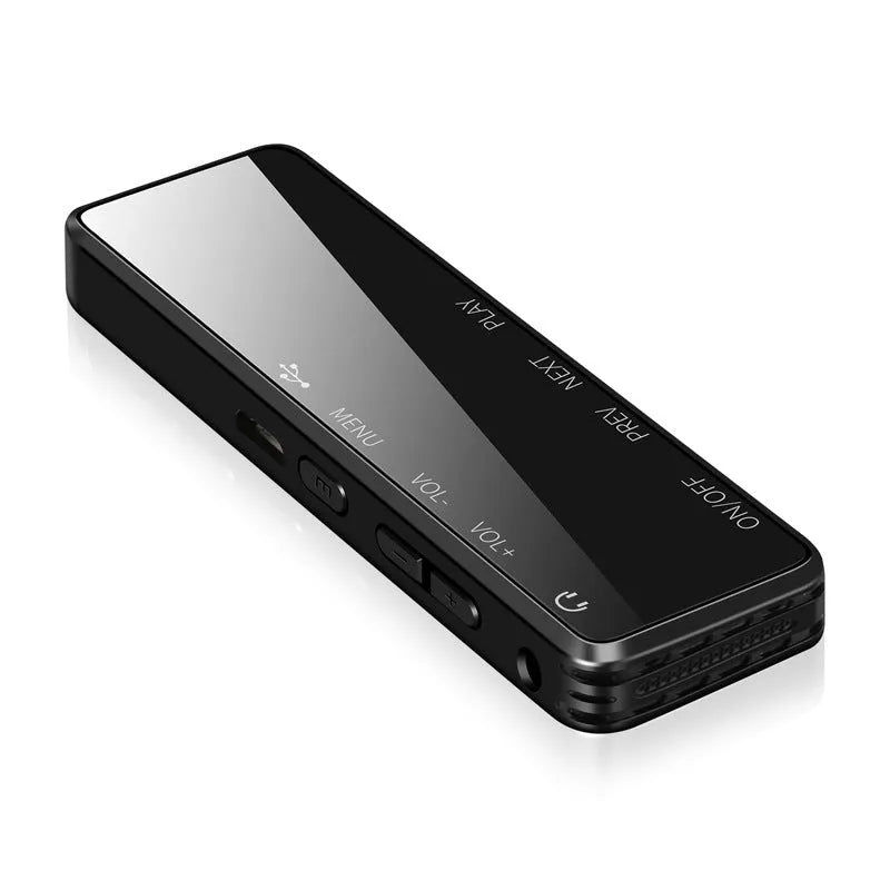 Black zinc alloy USB voice recorder and MP3 player showing LCD screen and USB connector