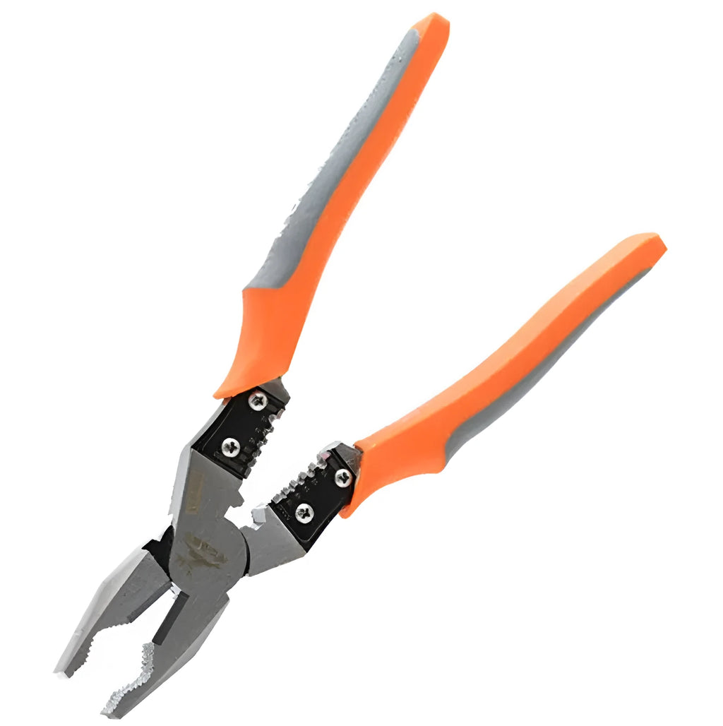 Orange multi-function wire cutter pliers with alloy steel jaws and textured PVC handles.