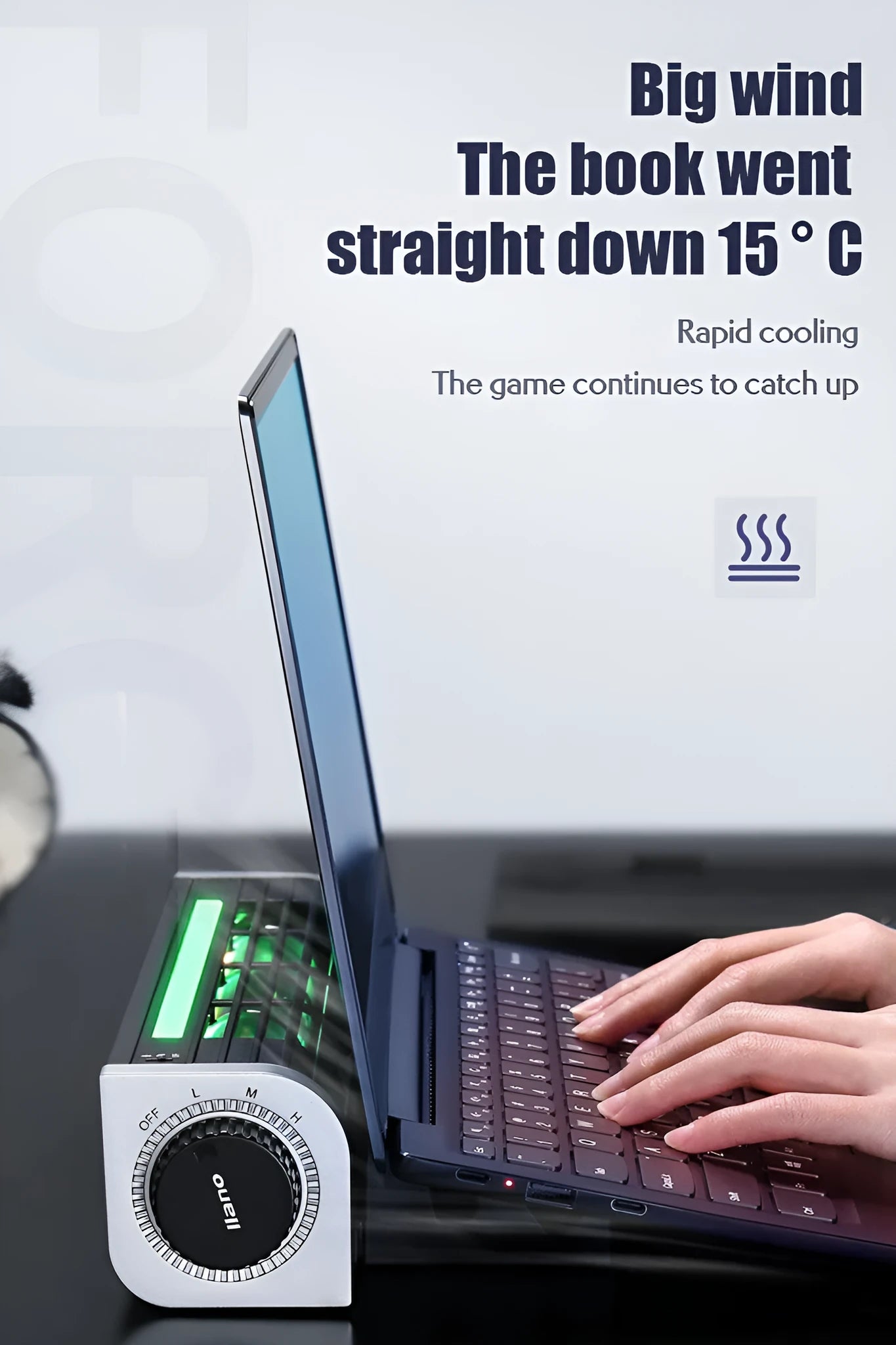 Black notebook cooling stand with adjustable speed settings and compact 294mm length dimensions