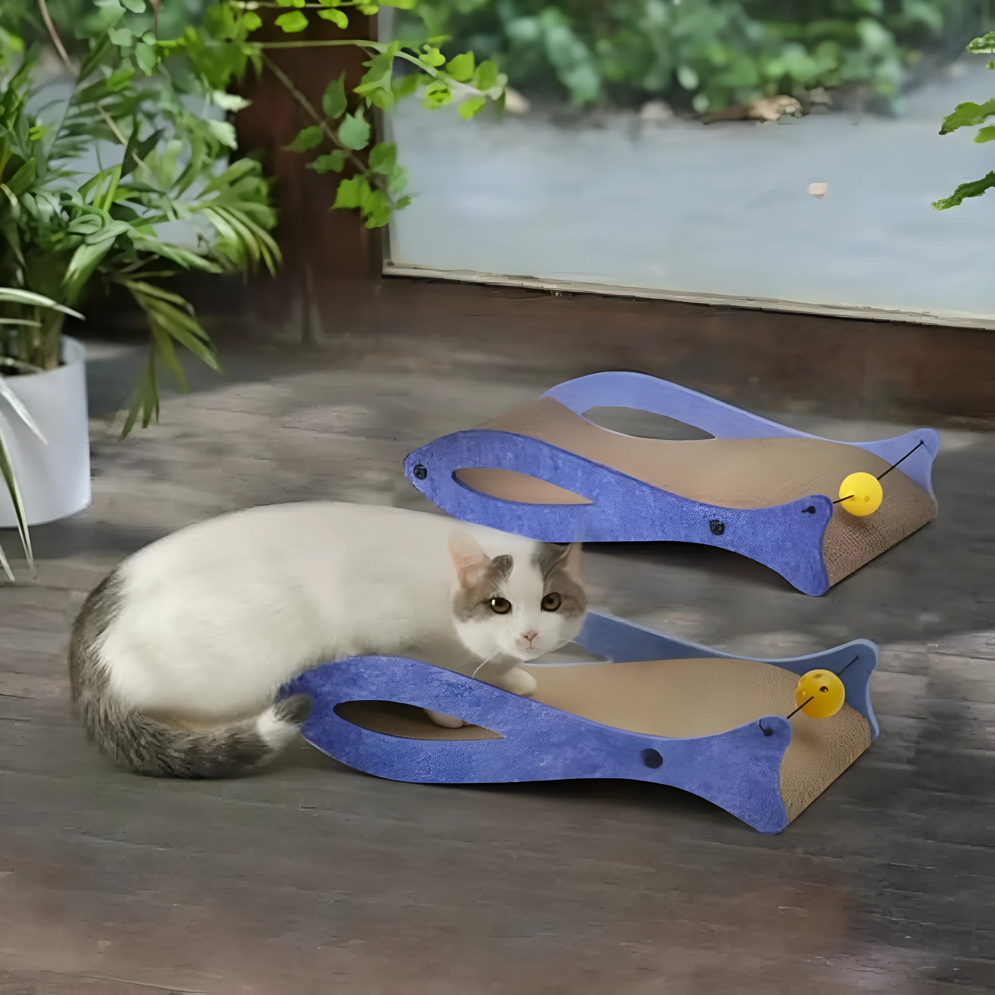 Blue fish-shaped cardboard cat scratcher pad with a red bell toy attached