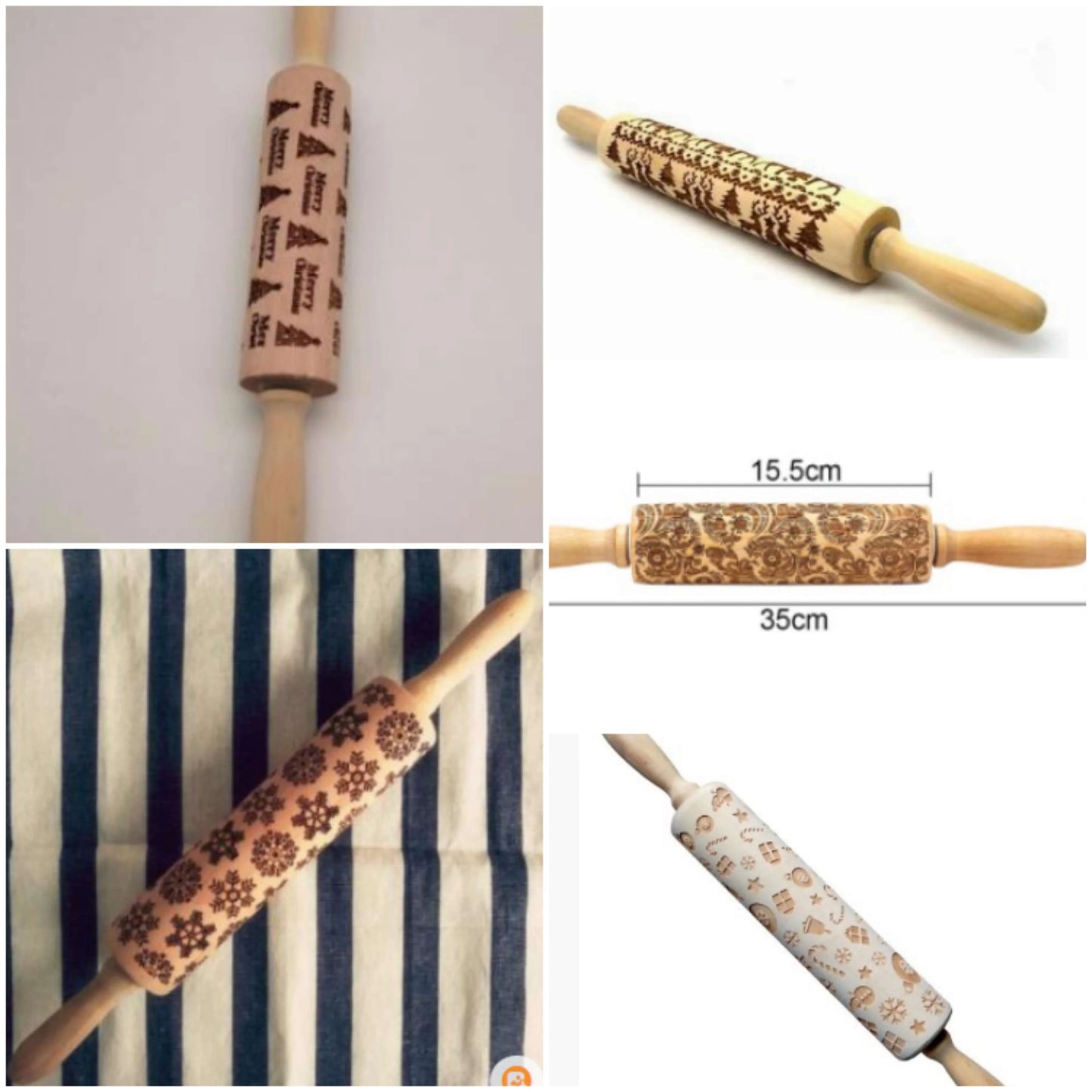 Personalized Christmas rolling pin with a variety of embossed holiday designs, including snowflakes, reindeer, and Merry Christmas patterns