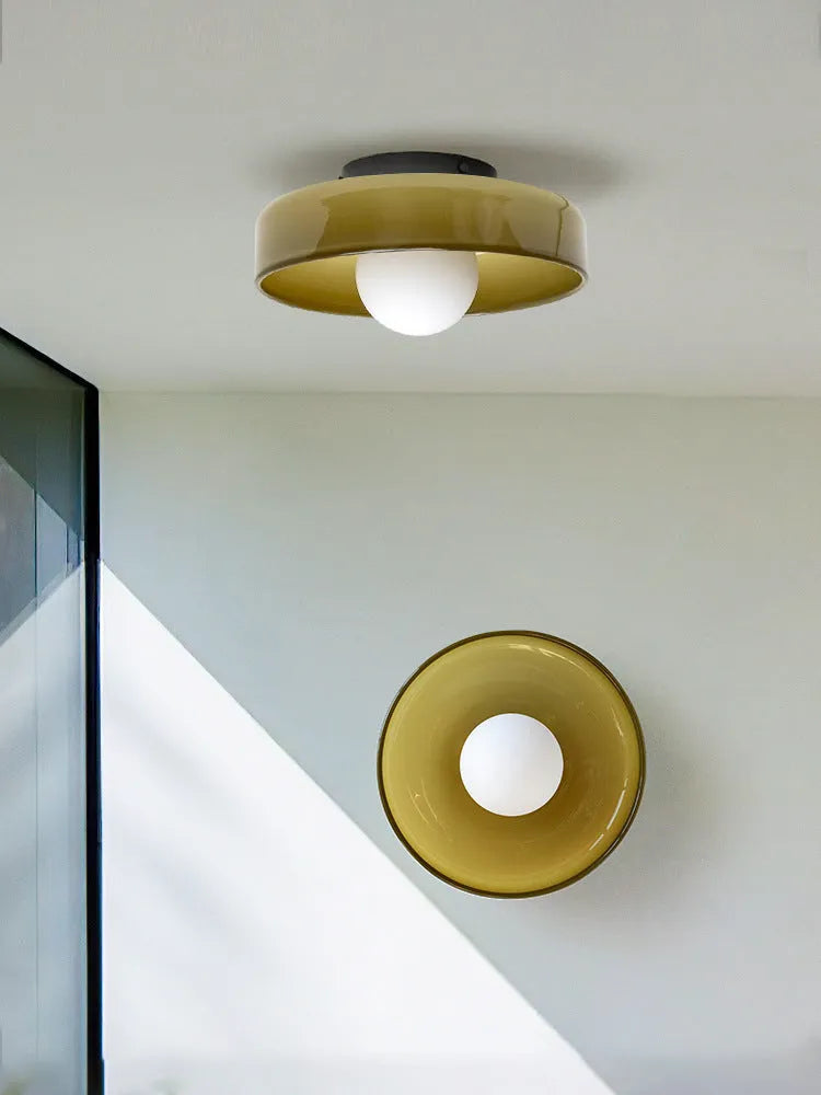 Round modern glass ceiling light with white glass shade, 25cm diameter, for hallway or porch