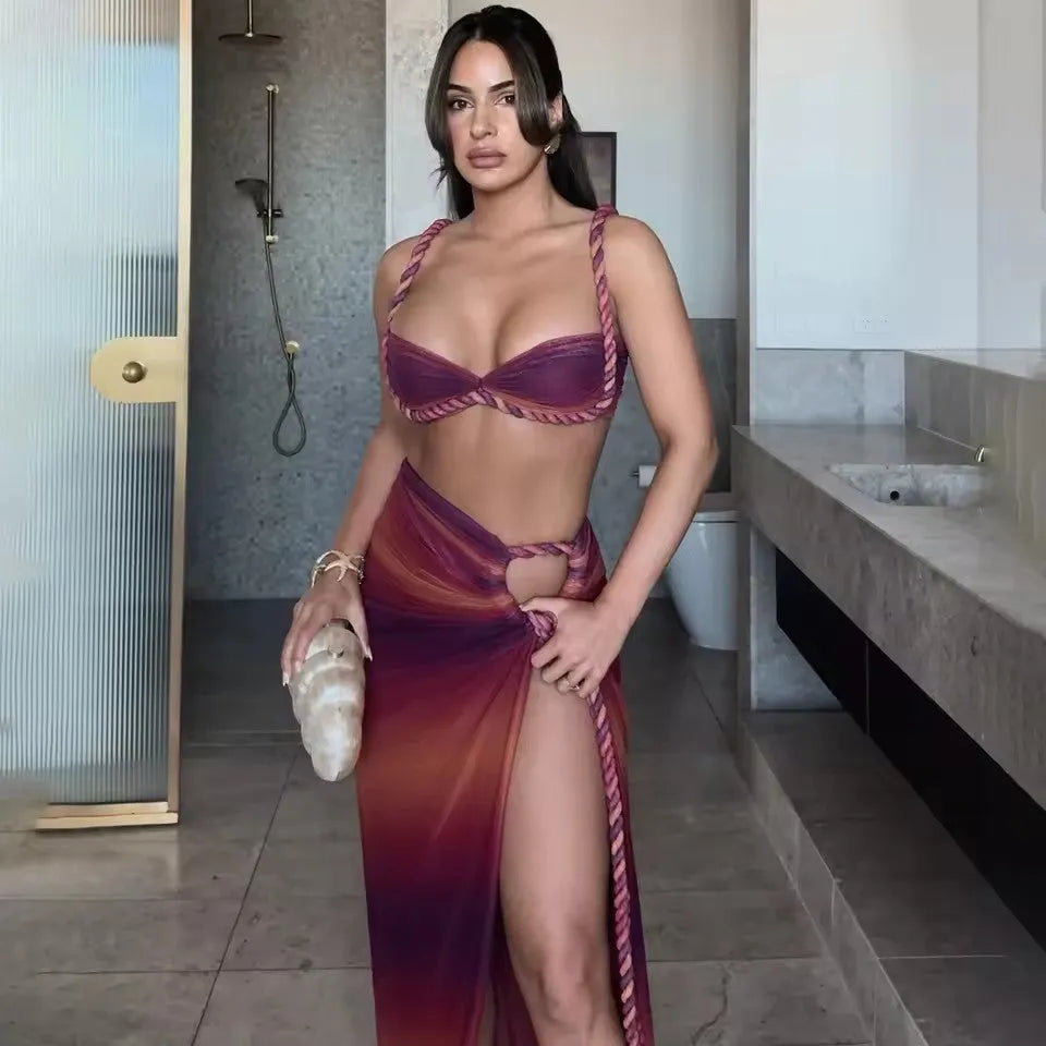 Women's three-piece bikini set in solid colour polyester with braided top, available in S M L