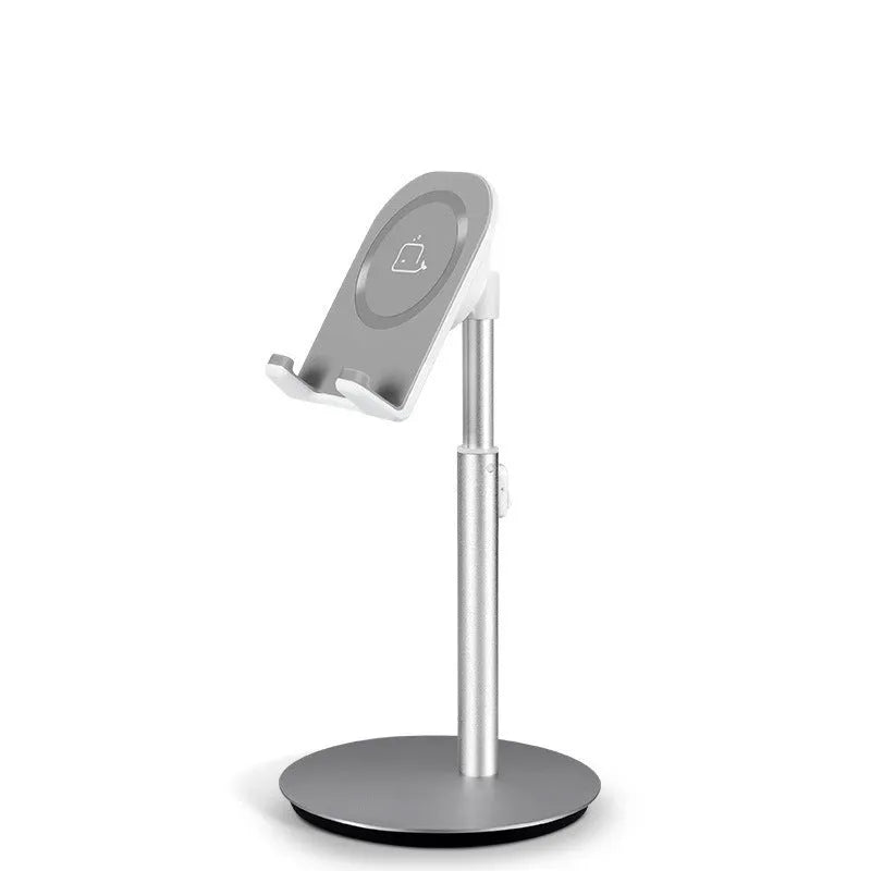 Silver metal computer phone holder desktop stand showing mobile device placement