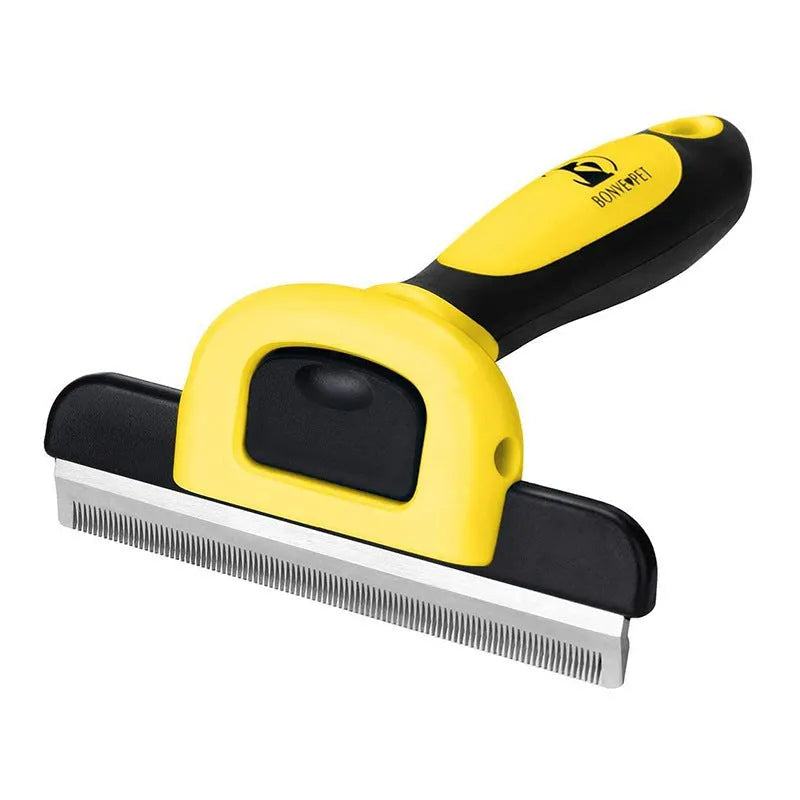 Yellow pet comb with stainless steel teeth for dog grooming and hair removal
