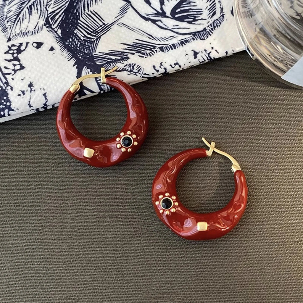 Hong Kong style retro ear studs with rhinestone inlay in black and red colour options