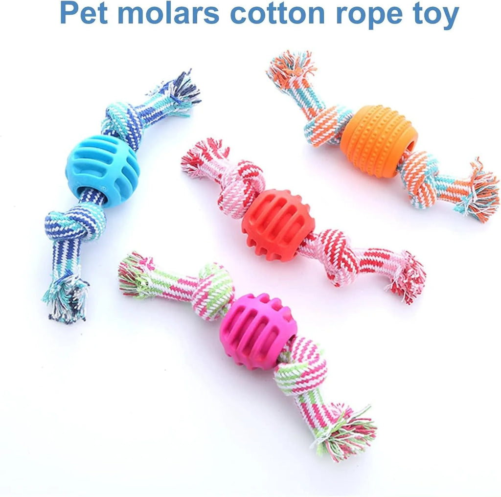 Blue dog chew toy with rope strands and molar cleaning textured surfaces