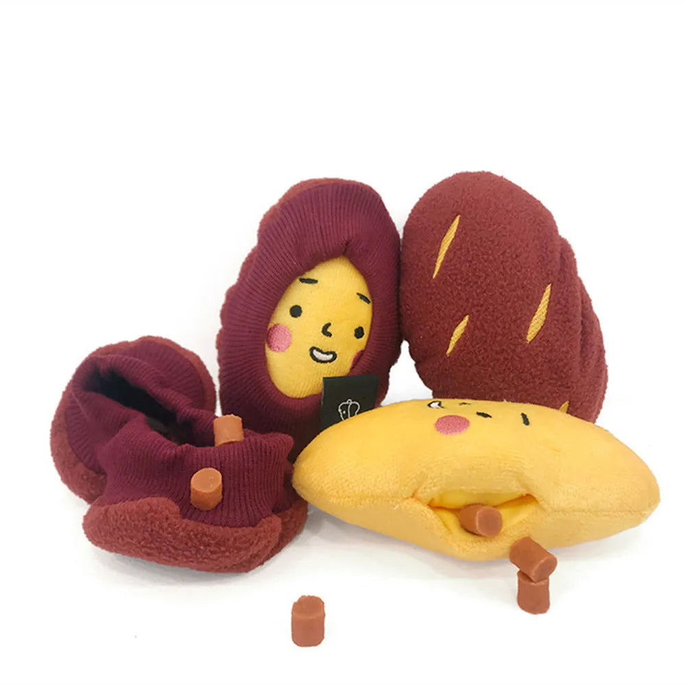 Red sweet potato shaped dog puzzle toy with hidden treat compartment