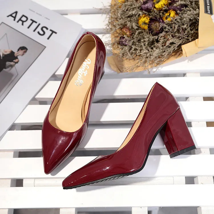 Pointed toe heels with rubber sole in white, red, black, pink and wine red, sizes 33 to 50