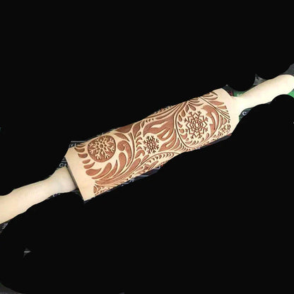 Personalized Christmas rolling pin with a variety of embossed holiday designs, including snowflakes, reindeer, and Merry Christmas patterns