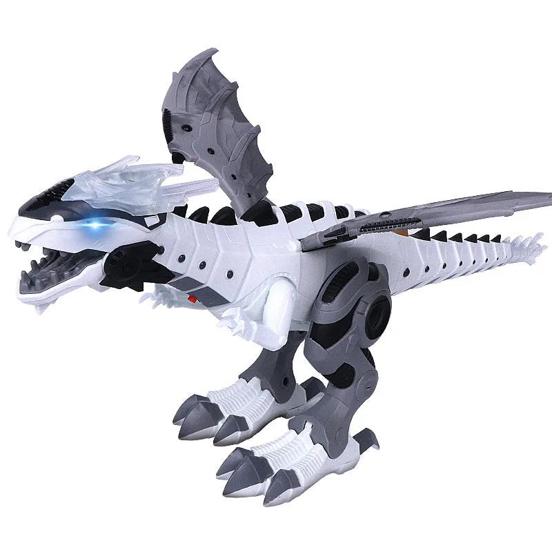 Remote control dinosaur robot in green or white with handheld remote, swinging tail, missile launch, voice and touch interaction
