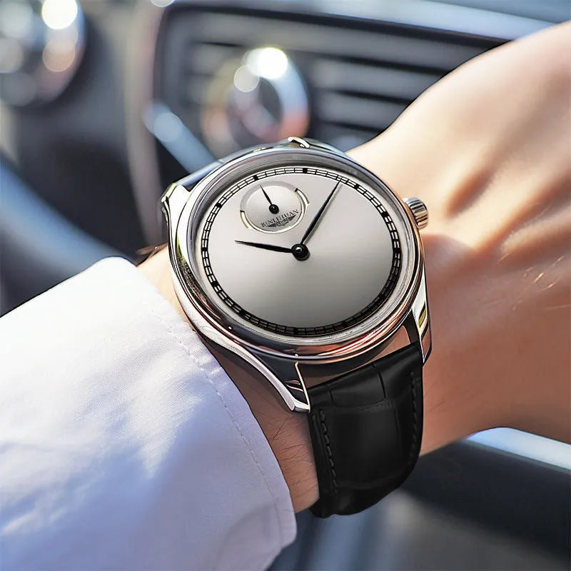 Men's belt style waterproof quartz watch with white dial and brown artificial leather strap on wrist