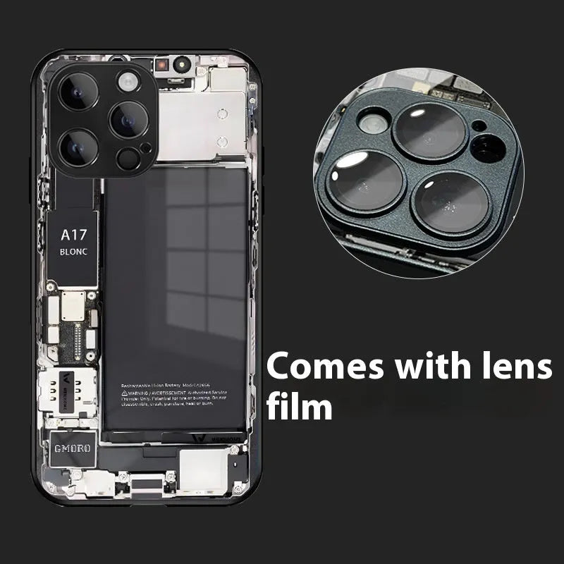 Creative circuit board phone case with lens protector in black, glass construction for iPhone