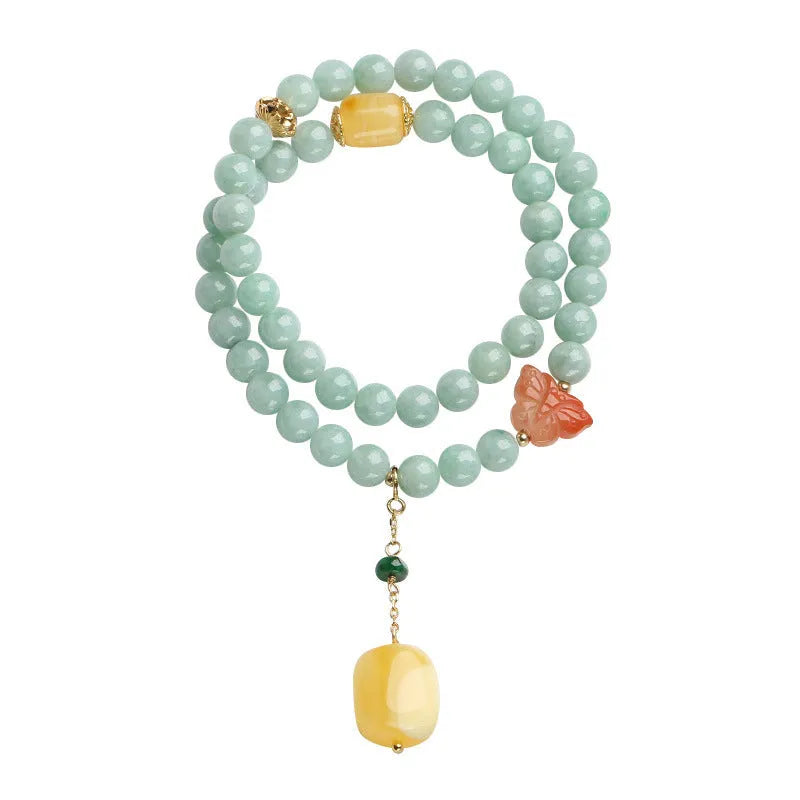 Double-layer women's bracelet with hanging jade beads and geometric beeswax barrel beads