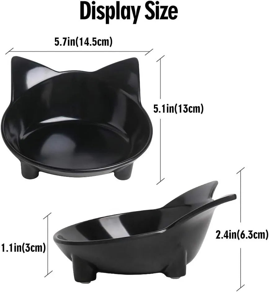 Set of four shallow black melamine pet bowls with non-slip rubber bases