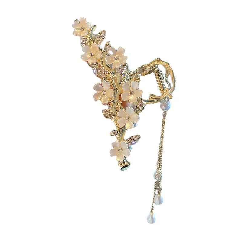 Large alloy hair clip with pearl, water diamond inlay and bell orchid tassel pendant, 11.5cm long