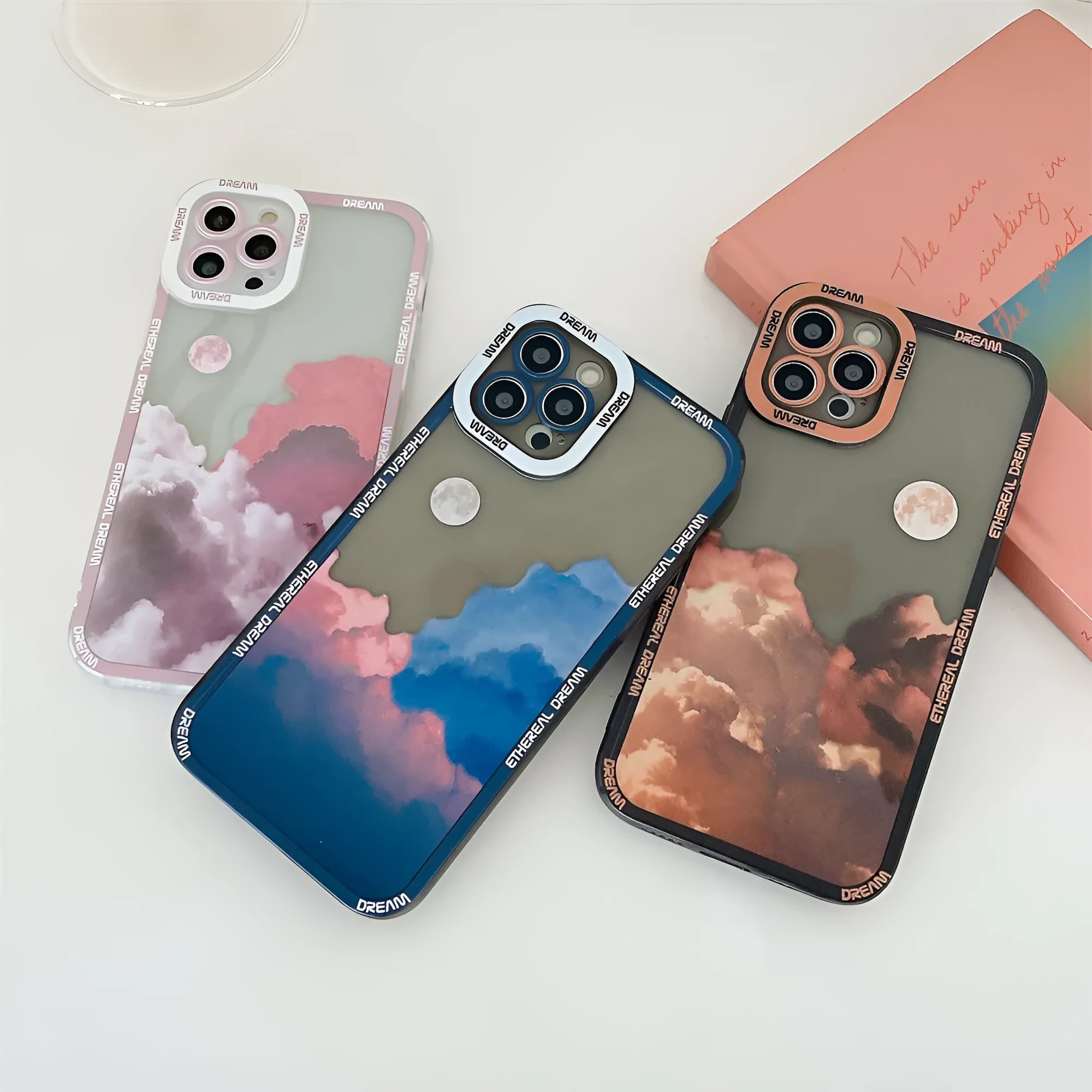 Sunset clouds design TPU protective case for iPhone on a blue background.