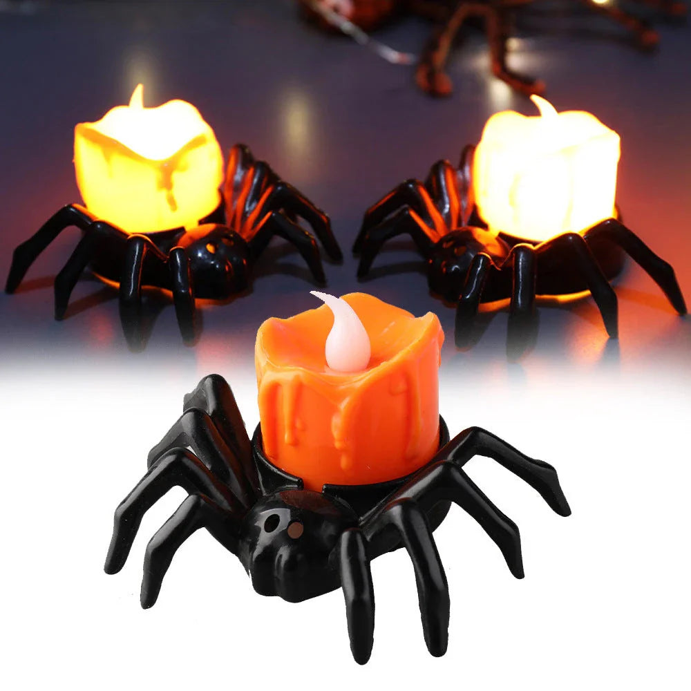 Spooky spider-themed candle holders with flickering flame effect for Halloween decor