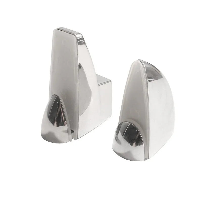 Electroplated metal adjustable clip for holding glass partitions or plates, shown in two different style options.