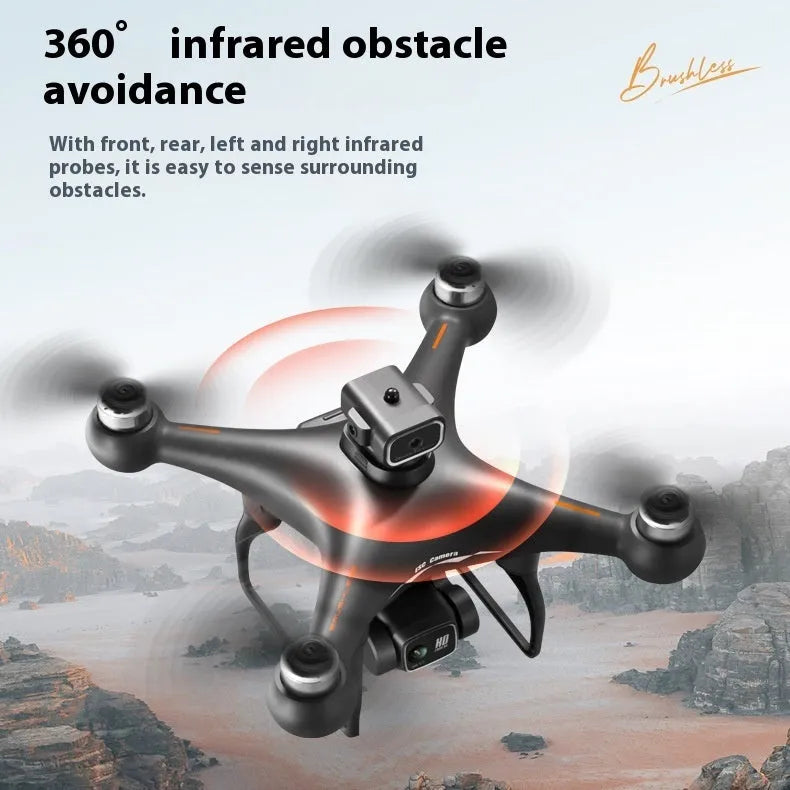 Black S116 brushless quadcopter drone with four propellers and a dual camera, shown with its remote control.