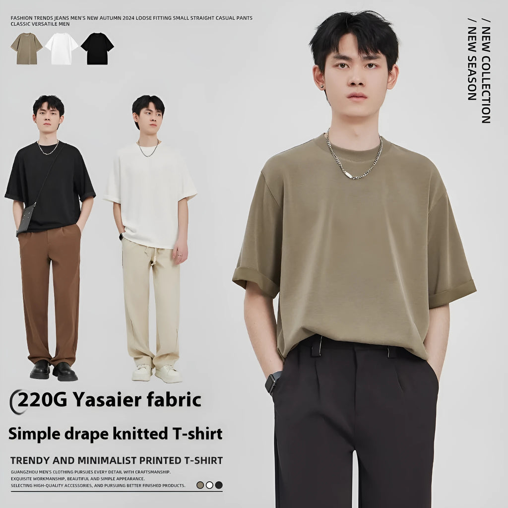 Men's loose fit drape knit T-shirt in polyester blend available in black, brown and white colours