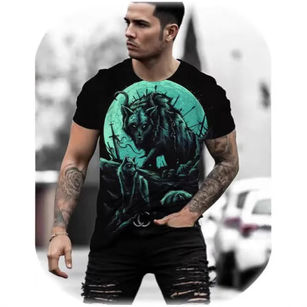 Retro 3D animal print on a men's short-sleeved light grey t-shirt, showing the pullover style and bird eye cloth texture.