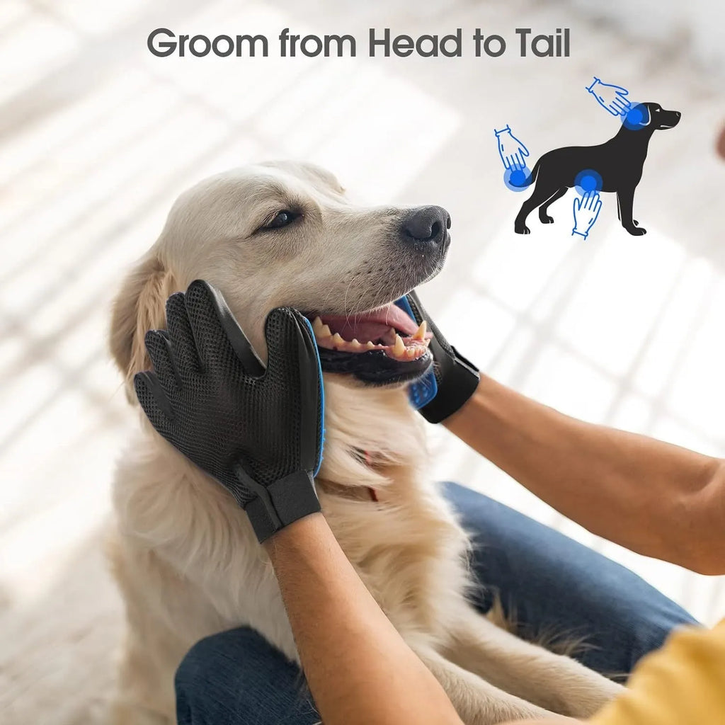 Blue silicone pet grooming glove with 255 massage tips and adjustable wrist strap