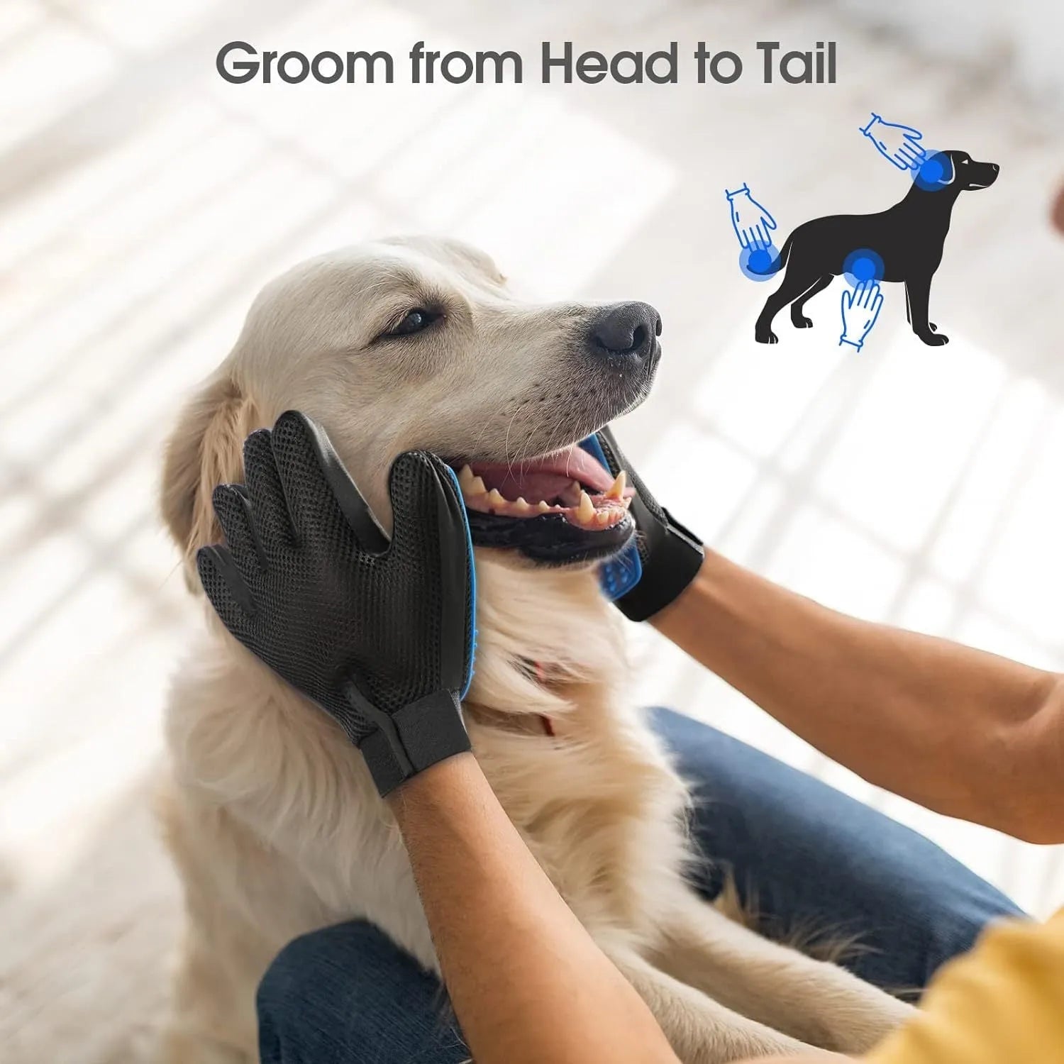 Blue silicone pet grooming glove with 255 massage tips and adjustable wrist strap