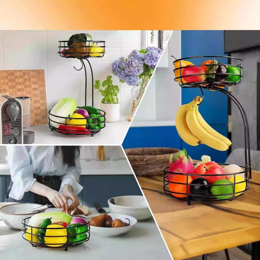 Black double-layer wrought iron fruit basket with two stacking tiers for fruit and vegetable storage