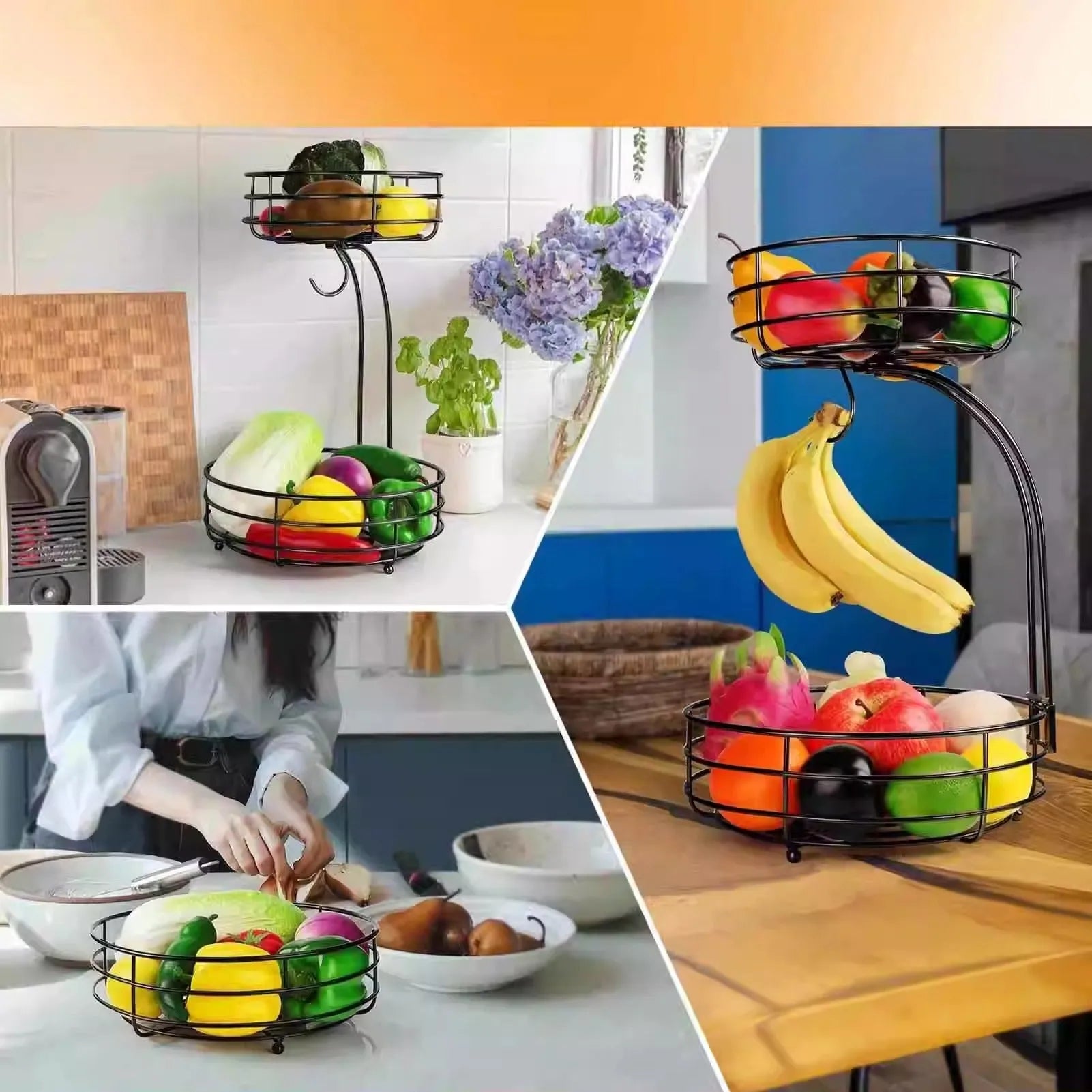Black double-layer wrought iron fruit basket with two stacking tiers for fruit and vegetable storage