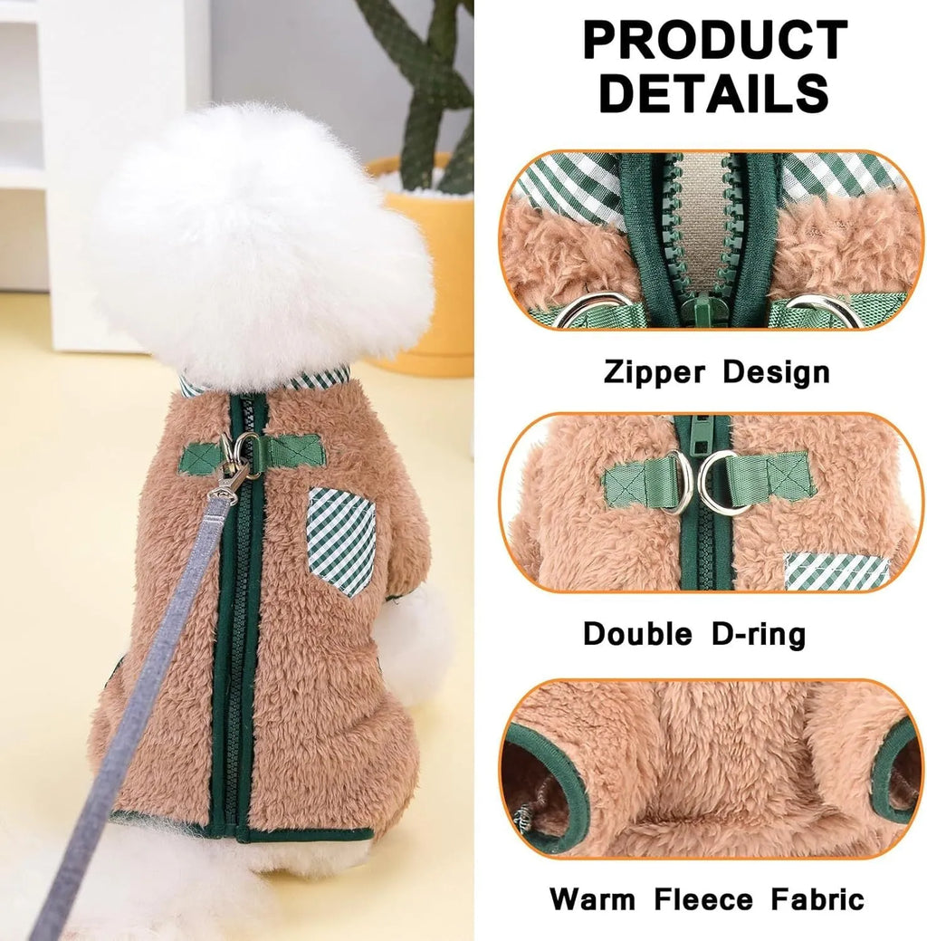Green plush fleece dog jumpsuit coat with a back zipper on a small dog