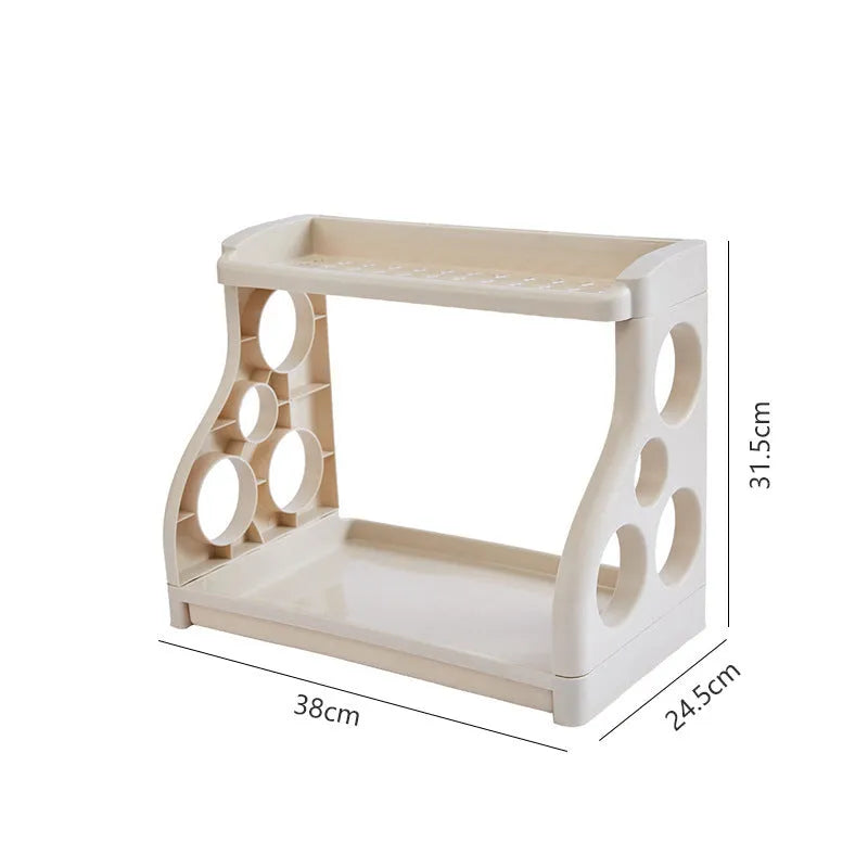 Foldable multilayer kitchen storage rack in PP plastic showing dimensions and colour options