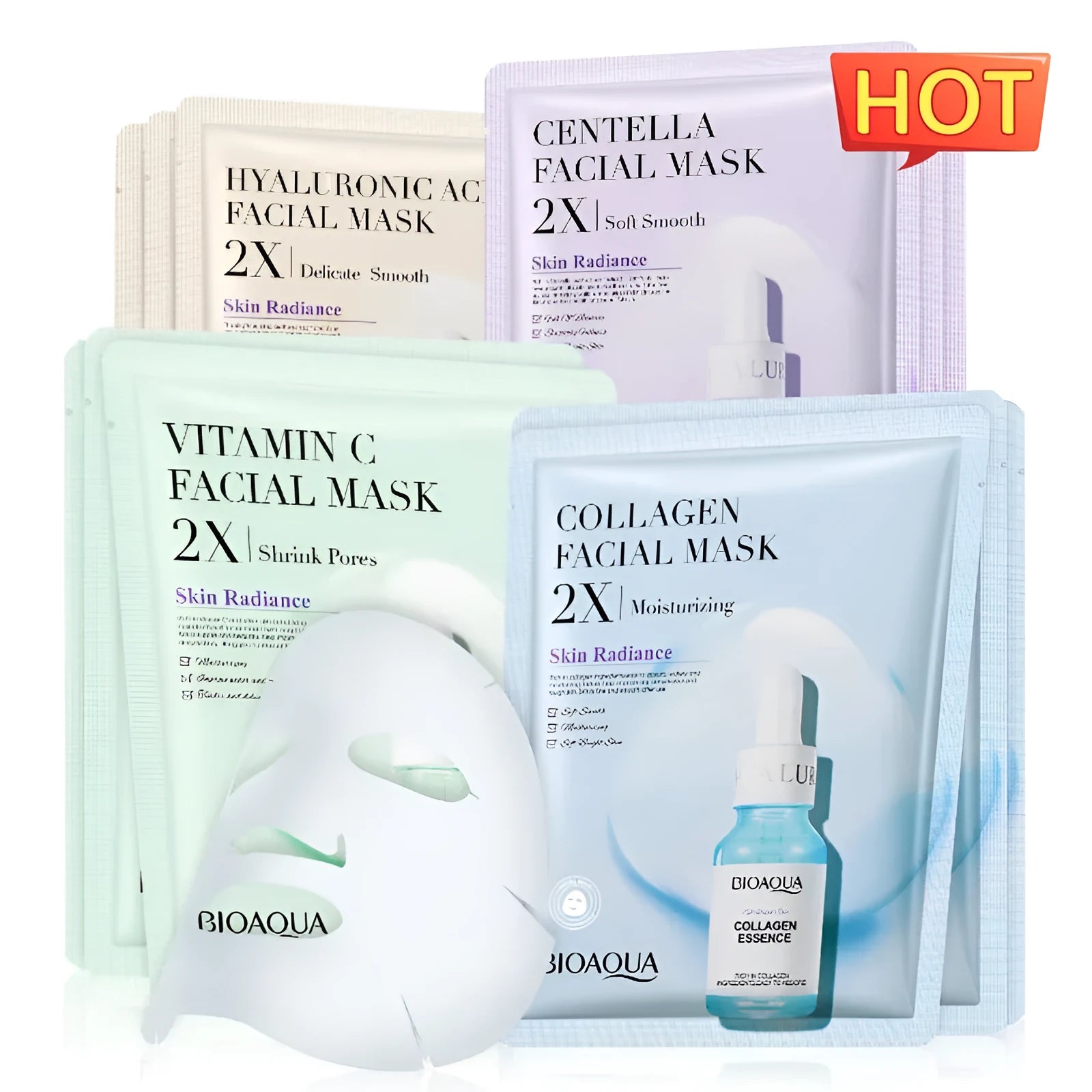 Collagen Face Mask sheet masks in Centella Asiatica, Hyaluronic Acid, Vitamin C and Collagen formulas 30g each