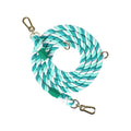 Rainbow woven double-head dog leash with silver fittings shown at full 250cm length.