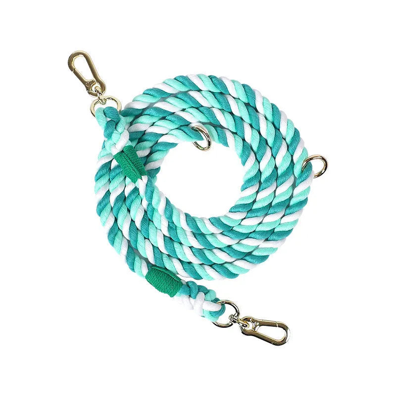 Rainbow woven double-head dog leash with silver fittings shown at full 250cm length.