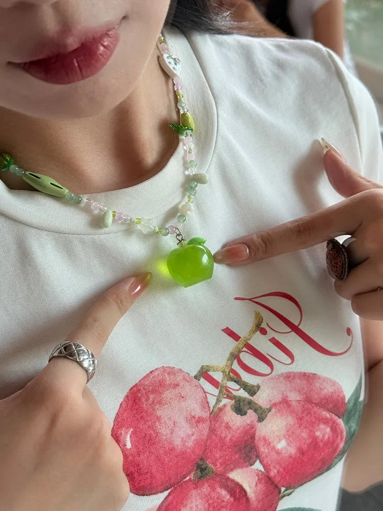 Colorful pendant beaded necklace with resin flowers and crystal on alloy chain in green apple green option