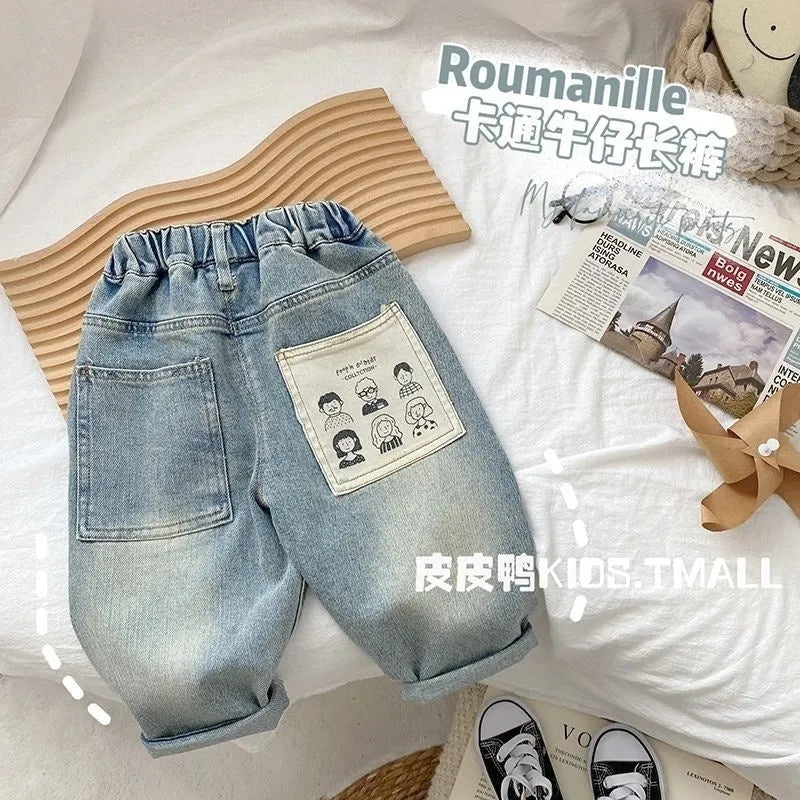 Light coloured boys casual denim jeans with elastic waist and personalised back pocket print