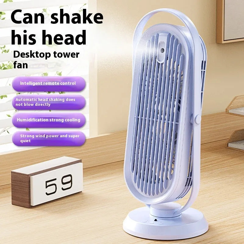 USB tower fan in dark blue with remote control on a desktop