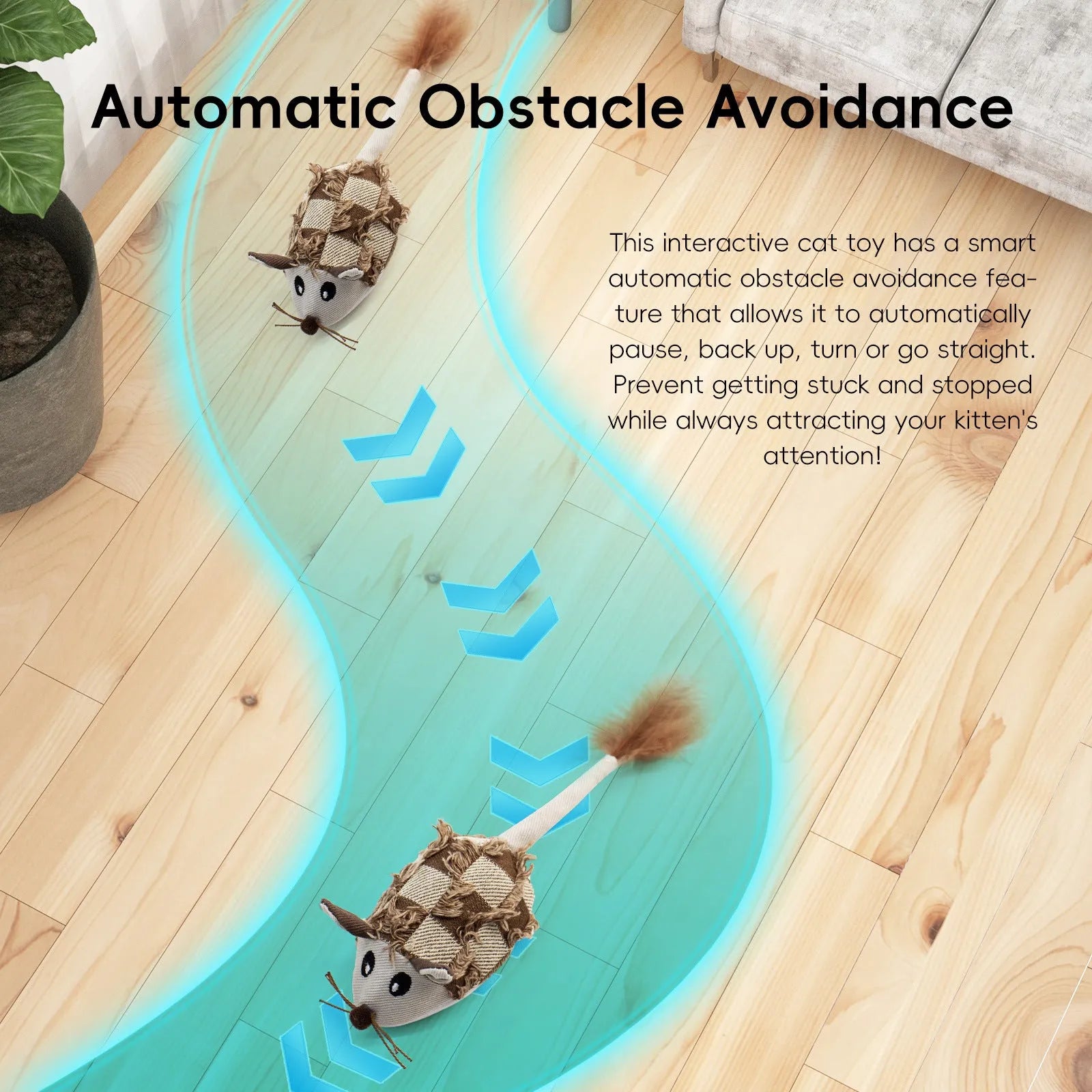 Blue electronic motion cat toy with moving mouse, sound box, and feather attachments for interactive play