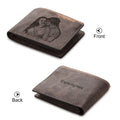 Coffee brown PU leather horizontal wallet with custom photo engraving and lettering, shown next to a card for scale.