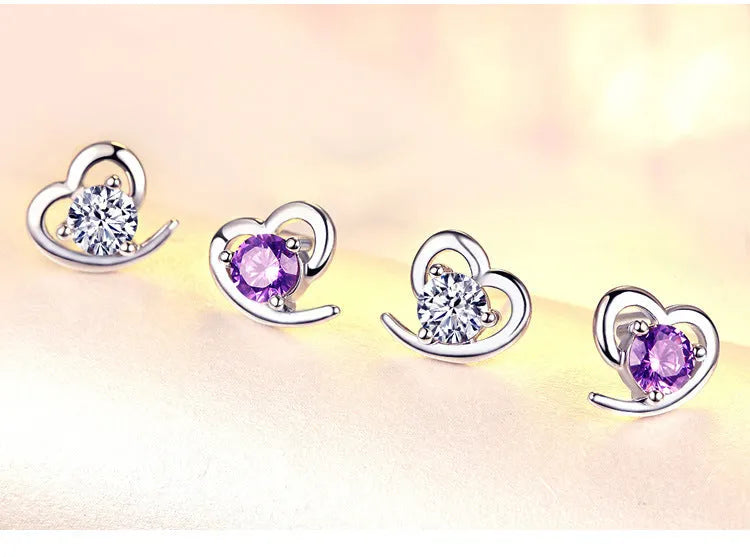 Silver heart-shaped zircon earrings for women, available in purple or white colour, with sterling silver inlay and electroplating finish.