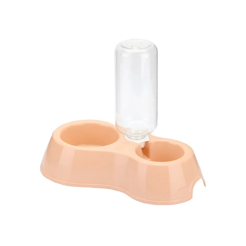 Pets automatic drinking water double bowl plastic cat food bowl with water bottle in blue