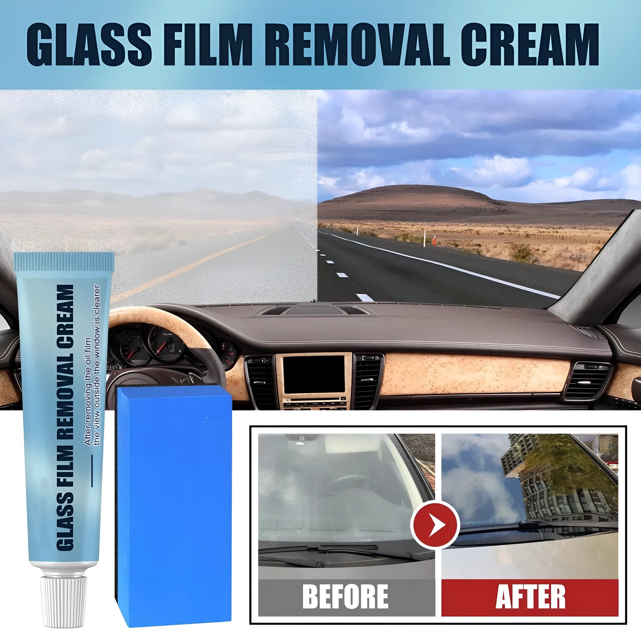 Blue car glass oil film remover stick and sponge applicator for windshield cleaning
