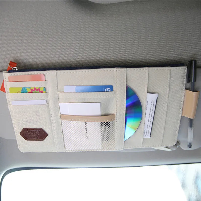 Beige PU car storage bag with compartments, 30x14.5cm, mounted on sun visor
