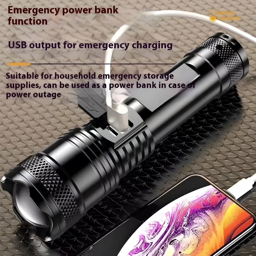 Power Torch portable rechargeable super bright LED searchlight with telescopic zoom, 2200 lumens, 500m range, IP55 protection