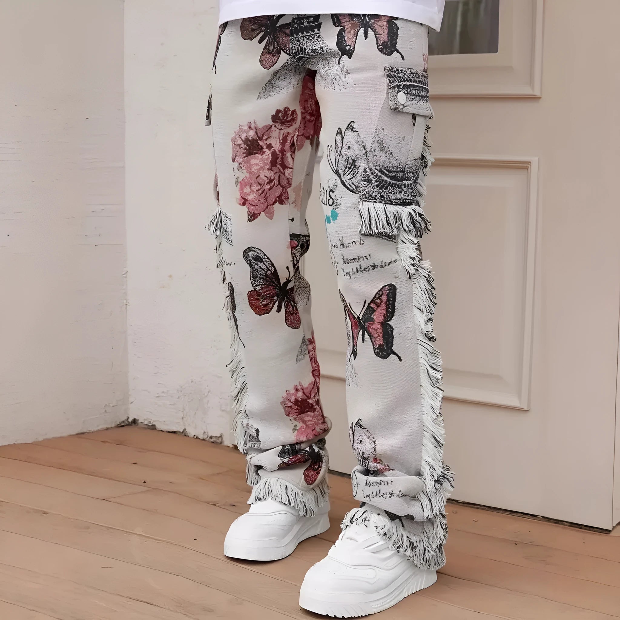 Men's slim fit denim trousers with digital animal print pattern on cotton fabric