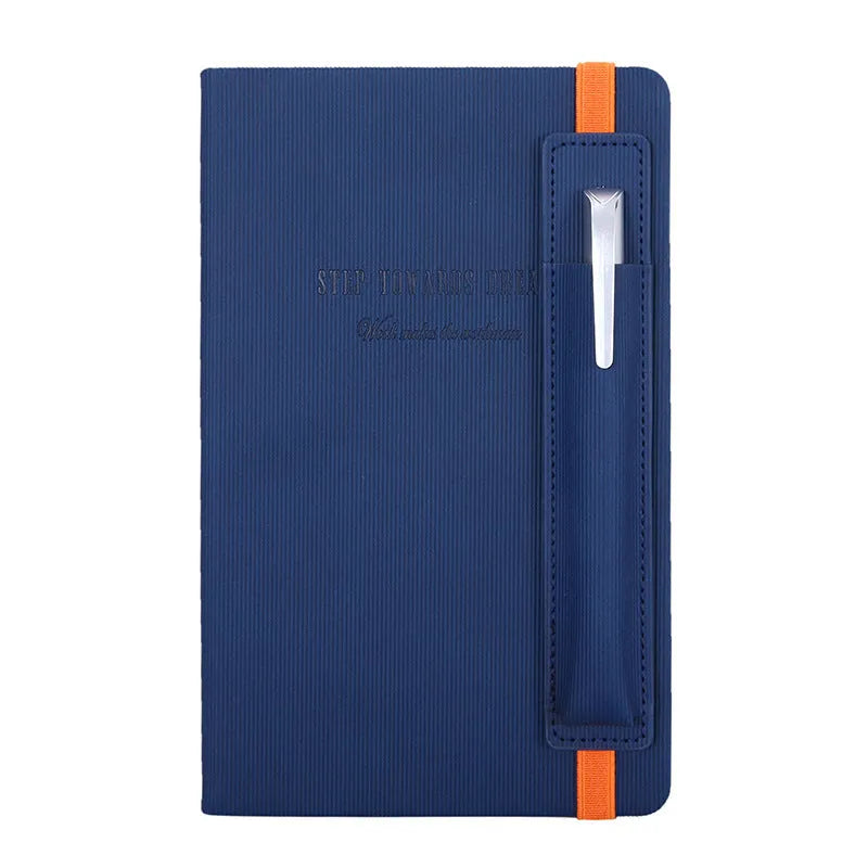 A5 faux leather notebook in blue with strap and pen insert, 200 pages, lying flat
