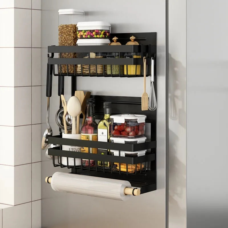 Magnetic refrigerator side storage rack in Black or Dark Green, punch-free, for plastic wrap, tissue, and seasoning, sizes L M S